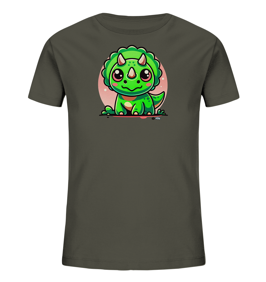Onlineshop Shirts fuer Kinder - Das Bild zeigt ein dunkelgraues Kinder-T-Shirt mit einem niedlichen Aufdruck auf der Vorderseite. Dieser zeigt einen sitzenden gruenen Cartoon-Triceratops mit grossen Kulleraugen, rosafarbenen Wangen und kleinen Hoernern. Im Hintergrund des Motivs ist ein blassrosafarbener Kreis zu sehen. Das Design ist farbenfroh und kinderfreundlich.