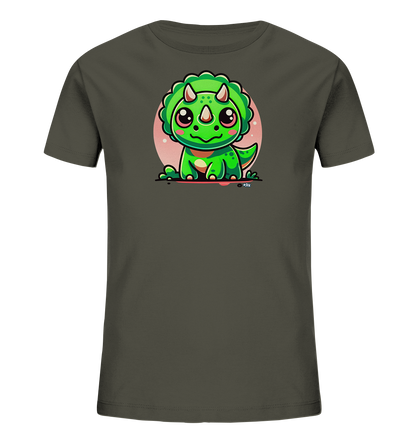 Onlineshop Shirts fuer Kinder - Das Bild zeigt ein dunkelgraues Kinder-T-Shirt mit einem niedlichen Aufdruck auf der Vorderseite. Dieser zeigt einen sitzenden gruenen Cartoon-Triceratops mit grossen Kulleraugen, rosafarbenen Wangen und kleinen Hoernern. Im Hintergrund des Motivs ist ein blassrosafarbener Kreis zu sehen. Das Design ist farbenfroh und kinderfreundlich.