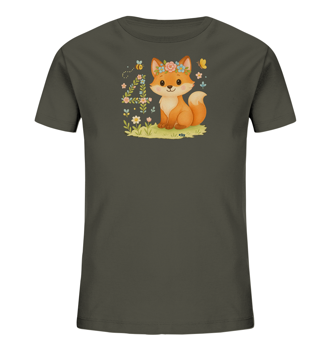Onlineshop Shirts fuer Kinder - Dieses dunkelgraue Kinder T-Shirt zeigt eine niedliche Illustration eines kleinen Fuchses mit einem Blumenkranz. Der Fuchs sitzt auf einer Wiese neben der Zahl '4', die kreativ mit floralen Elementen verziert ist. Eine kleine Biene und ein Schmetterling ergaenzen das verspielte Motiv mit Blumen und Graesern. Das Design ist farbenfroh und naturinspiriert.