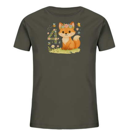 Onlineshop Shirts fuer Kinder - Dieses dunkelgraue Kinder T-Shirt zeigt eine niedliche Illustration eines kleinen Fuchses mit einem Blumenkranz. Der Fuchs sitzt auf einer Wiese neben der Zahl '4', die kreativ mit floralen Elementen verziert ist. Eine kleine Biene und ein Schmetterling ergaenzen das verspielte Motiv mit Blumen und Graesern. Das Design ist farbenfroh und naturinspiriert.