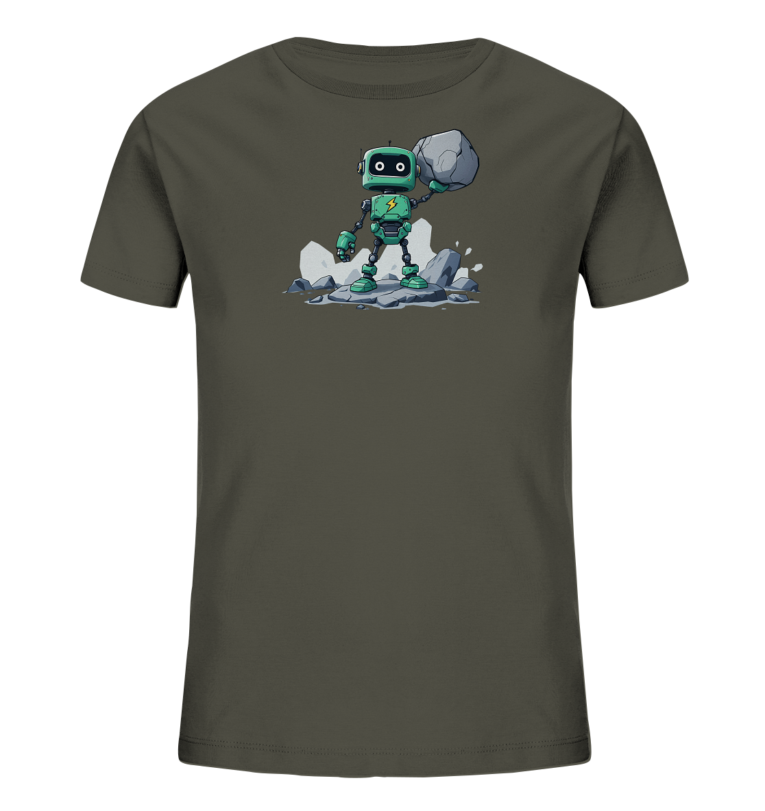 Onlineshop Shirts für Kinder - Das Bild zeigt ein dunkelgrünes Kinder-T-Shirt mit einem coolen Roboter-Motiv auf der Vorderseite. Die Grafik zeigt einen kleinen grünen Roboter mit runden Augen und einem Blitzsymbol auf der Brust, der auf Felsen steht und einen großen Stein über seinem Kopf hält. Das Design ist im Comic-Stil gehalten und vermittelt einen Eindruck von Stärke und Abenteuerlust. Dieses Shirt ist ein Hingucker für kleine Technik-Fans.