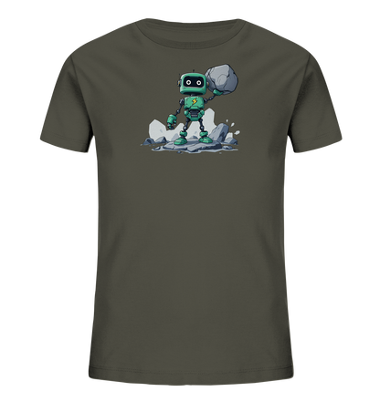 Onlineshop Shirts für Kinder - Das Bild zeigt ein dunkelgrünes Kinder-T-Shirt mit einem coolen Roboter-Motiv auf der Vorderseite. Die Grafik zeigt einen kleinen grünen Roboter mit runden Augen und einem Blitzsymbol auf der Brust, der auf Felsen steht und einen großen Stein über seinem Kopf hält. Das Design ist im Comic-Stil gehalten und vermittelt einen Eindruck von Stärke und Abenteuerlust. Dieses Shirt ist ein Hingucker für kleine Technik-Fans.