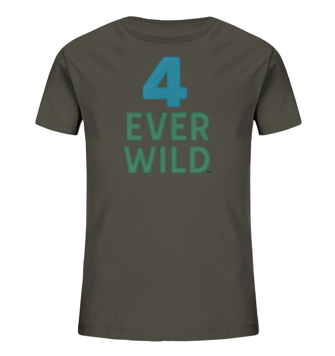 Onlineshop Shirts fuer Kinder - Das Bild zeigt ein dunkles Kinder-T-Shirt. Auf der Vorderseite ist ein grafisches Motiv zu sehen, bestehend aus einer grossen blauen Zahl '4' und den Worten 'EVER WILD' darunter in gruener Farbe. Das Design ist zentral auf dem Shirt platziert.