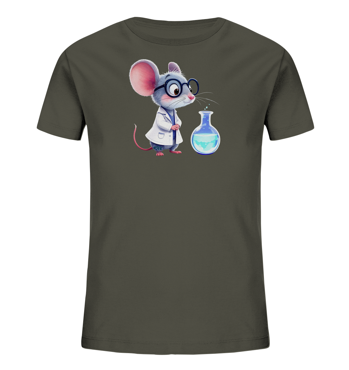 Onlineshop Shirts fuer Kinder - Das Bild zeigt ein dunkelgraues Kinder-T-Shirt mit einer niedlichen Illustration einer Maus. Die Maus traegt einen weissen Laborkittel und eine Brille und blickt auf einen Kolben mit blauer Fluessigkeit. Das Design verleiht dem Shirt einen verspielten und lehrreichen Charakter. Es ist eine ansprechende Darstellung einer kleinen Wissenschaftler-Maus.