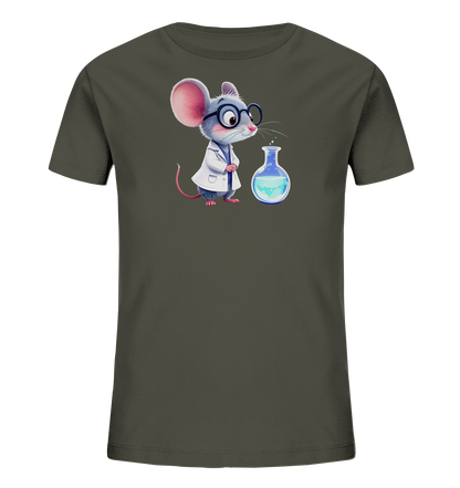 Onlineshop Shirts fuer Kinder - Das Bild zeigt ein dunkelgraues Kinder-T-Shirt mit einer niedlichen Illustration einer Maus. Die Maus traegt einen weissen Laborkittel und eine Brille und blickt auf einen Kolben mit blauer Fluessigkeit. Das Design verleiht dem Shirt einen verspielten und lehrreichen Charakter. Es ist eine ansprechende Darstellung einer kleinen Wissenschaftler-Maus.