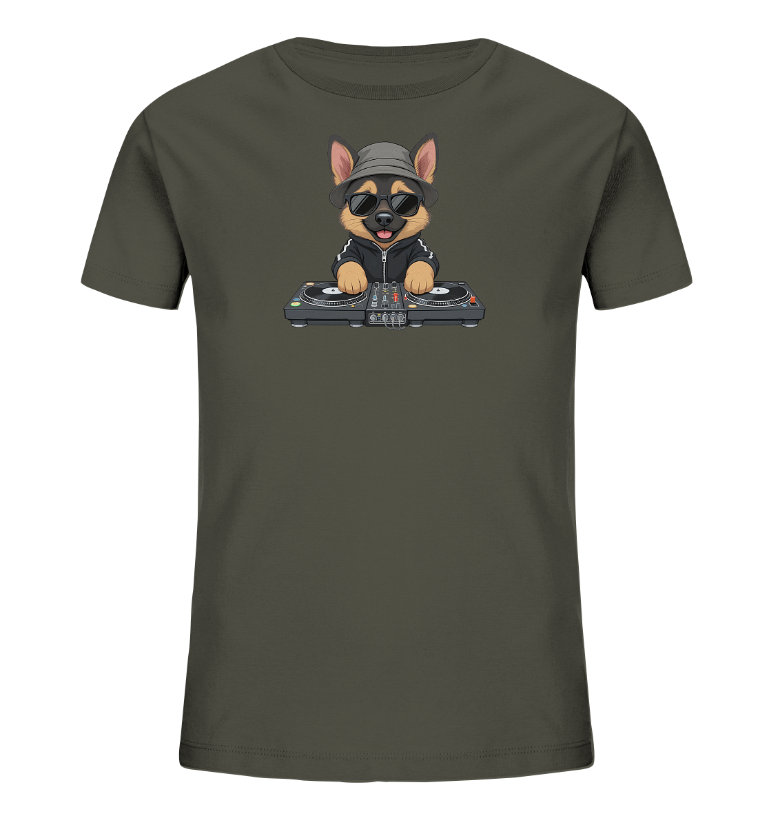 Kinder-T-Shirt mit Hund am Plattenspieler und Vinyl-Platten.