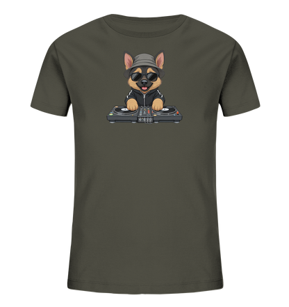 Kinder-T-Shirt mit Hund am Plattenspieler und Vinyl-Platten.