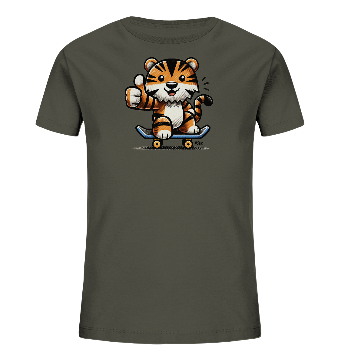 Onlineshop Shirts fuer Kinder - Das Bild zeigt ein dunkelgraues Kinder-T-Shirt mit einem lustigen Motiv auf der Vorderseite. Ein cartoonhafter Tiger sitzt auf einem blauen Skateboard und haelt den Daumen hoch. Der Tiger hat ein freundliches Laecheln und orange-schwarze Streifen. Das Design wirkt froehlich und dynamisch, perfekt fuer kleine Abenteurer.