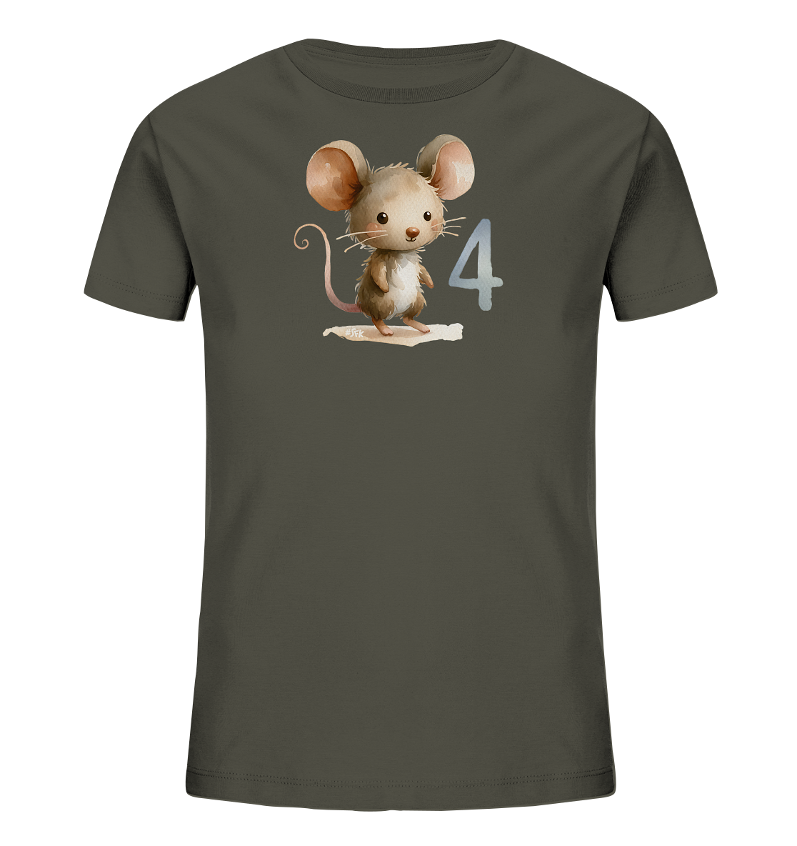 Onlineshop Shirts fuer Kinder - Dieses Bild zeigt ein Kinder-T-Shirt in einem dunklen Gruenton. Auf der Vorderseite ist eine Illustration einer suessen, cartoonhaften Maus mit grossen Ohren zu sehen. Die Maus steht neben der Zahl "4", die in einem hellen, texturierten Farbton dargestellt ist. Das Motiv wirkt freundlich und verspielt, passend fuer Kinderbekleidung.