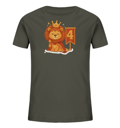 Kinder T-Shirt mit Löwenkönig, Krone, rotem Umhang und Zahl 4
