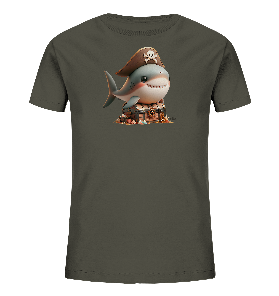 Onlineshop Shirts fuer Kinder - Das Bild zeigt ein dunkelgruenes Kinder-T-Shirt mit einem farbenfrohen Druckmotiv. Ein niedlicher Cartoon-Hai mit Piratenhut thront laechelnd auf einer prall gefuellten Schatzkiste. Die Schatzkiste ist von Strandgut wie Muscheln und Sand umgeben, was eine maritime Szene darstellt. Das Design ist verspielt und abenteuerlich gestaltet.