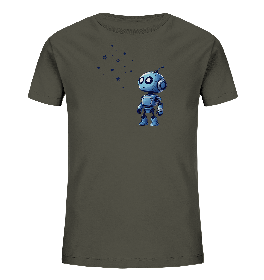 Onlineshop Shirts für Kinder - Das Bild zeigt ein T-Shirt für Kinder in einem dunklen Oliv- oder Grauton. Auf der Vorderseite ist ein freundlicher, blauer Cartoon-Roboter abgebildet, der nach vorne blickt. Über dem Roboter und leicht links versetzt sind mehrere kleine blaue Sterne und Punkte platziert. Das gesamte Design wirkt verspielt und technisch zugleich, passend für Kinder.