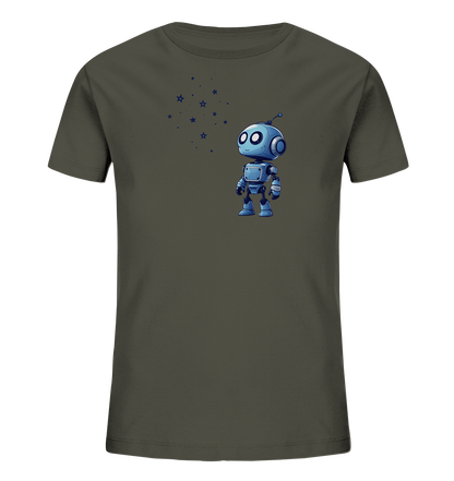 Onlineshop Shirts für Kinder - Das Bild zeigt ein T-Shirt für Kinder in einem dunklen Oliv- oder Grauton. Auf der Vorderseite ist ein freundlicher, blauer Cartoon-Roboter abgebildet, der nach vorne blickt. Über dem Roboter und leicht links versetzt sind mehrere kleine blaue Sterne und Punkte platziert. Das gesamte Design wirkt verspielt und technisch zugleich, passend für Kinder.