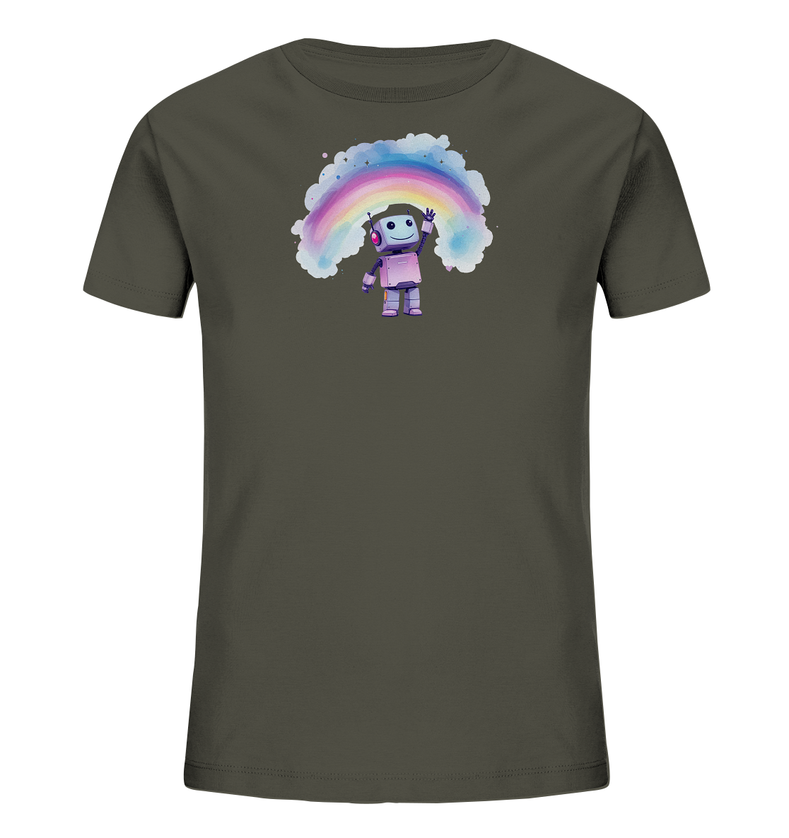 Onlineshop Shirts für Kinder - Das Bild zeigt die Vorderansicht eines schlichten Kinder-T-Shirts in einem dunklen Khakigrün oder Grau-Grün. Auf der Brust ist ein fröhliches Motiv eines kleinen, rosafarbenen Roboters mit Kopfhörern zu sehen, der lächelnd winkt. Über dem Roboter spannt sich ein zarter Regenbogen in Pastellfarben, umgeben von weichen, wolkenähnlichen Formen und kleinen, farbigen Pünktchen. Das Design ist zentral auf dem Shirt platziert und hat einen verspielten Charakter.