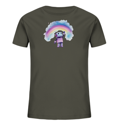 Onlineshop Shirts für Kinder - Das Bild zeigt die Vorderansicht eines schlichten Kinder-T-Shirts in einem dunklen Khakigrün oder Grau-Grün. Auf der Brust ist ein fröhliches Motiv eines kleinen, rosafarbenen Roboters mit Kopfhörern zu sehen, der lächelnd winkt. Über dem Roboter spannt sich ein zarter Regenbogen in Pastellfarben, umgeben von weichen, wolkenähnlichen Formen und kleinen, farbigen Pünktchen. Das Design ist zentral auf dem Shirt platziert und hat einen verspielten Charakter.