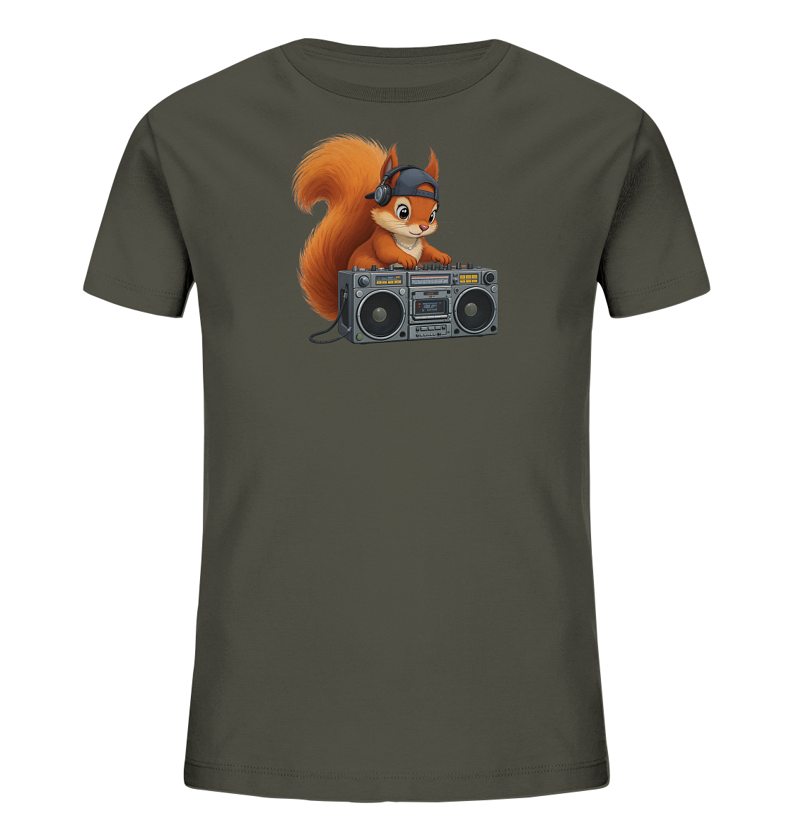 Kinder T-Shirt mit Eichhörnchen-DJ, Kopfhörern, Kappe und Boombox