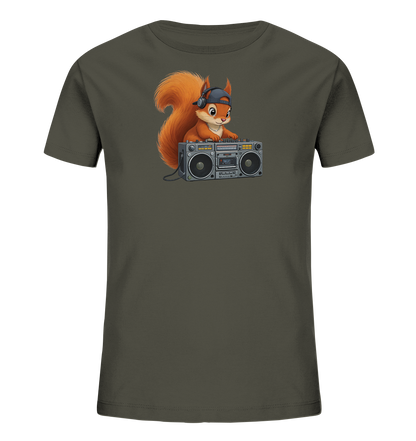 Kinder T-Shirt mit Eichhörnchen-DJ, Kopfhörern, Kappe und Boombox