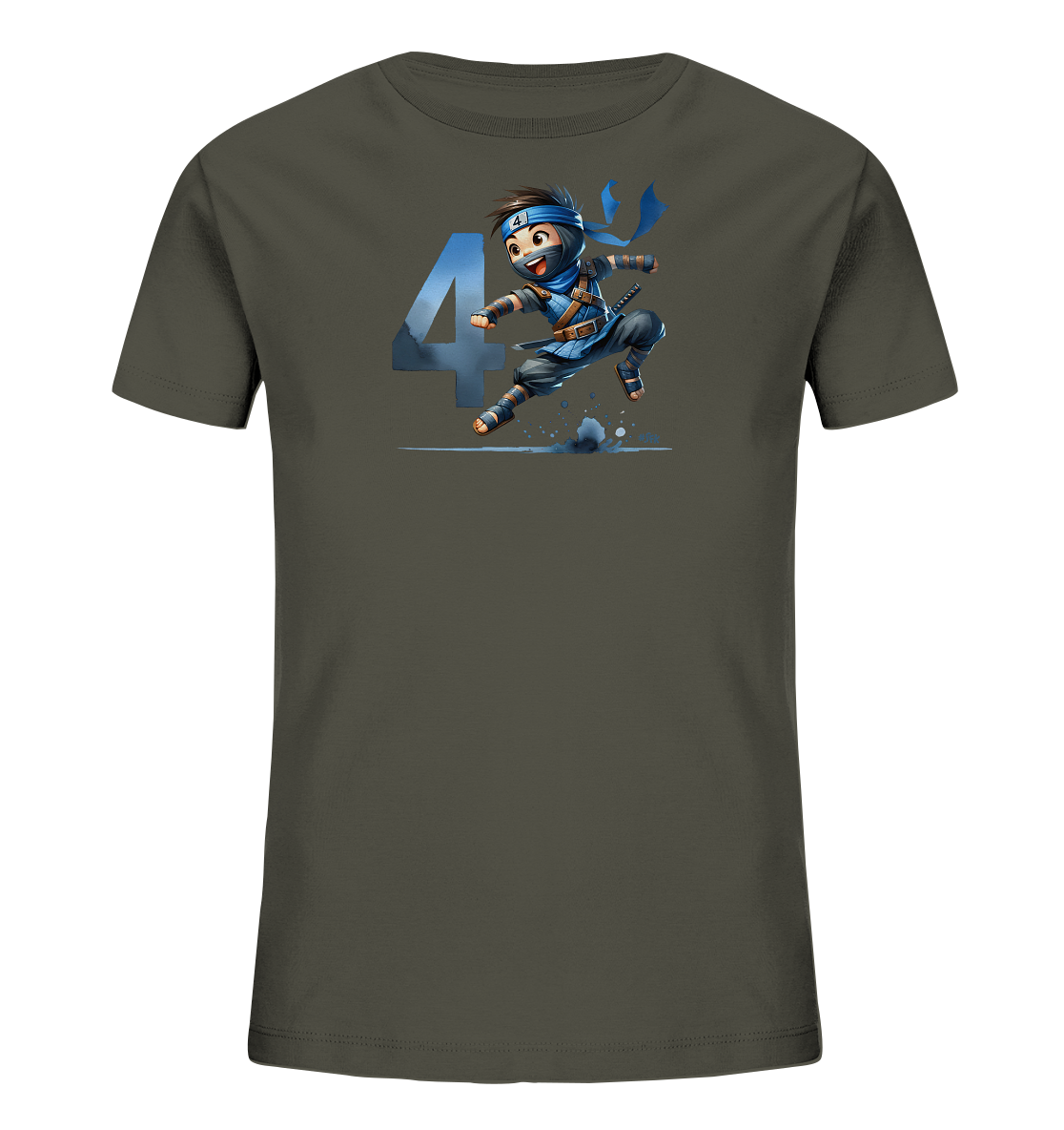 Onlineshop Shirts fuer Kinder - Das dunkelgraue T-Shirt zeigt einen cartoonhaften Ninja, der dynamisch ueber den Boden springt. Der Ninja traegt eine blaue Uniform und ein Stirnband und ist neben der grossen, blauen Zahl '4' positioniert. Das Motiv ist detailliert gestaltet mit Spritzwasser und einer angedeuteten Landschaftslinie.
