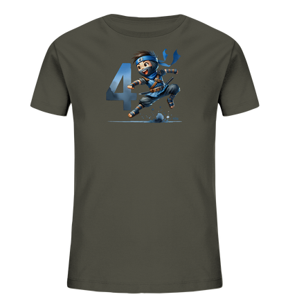 Kinder-T-Shirt mit springendem Ninja und Zahl 4