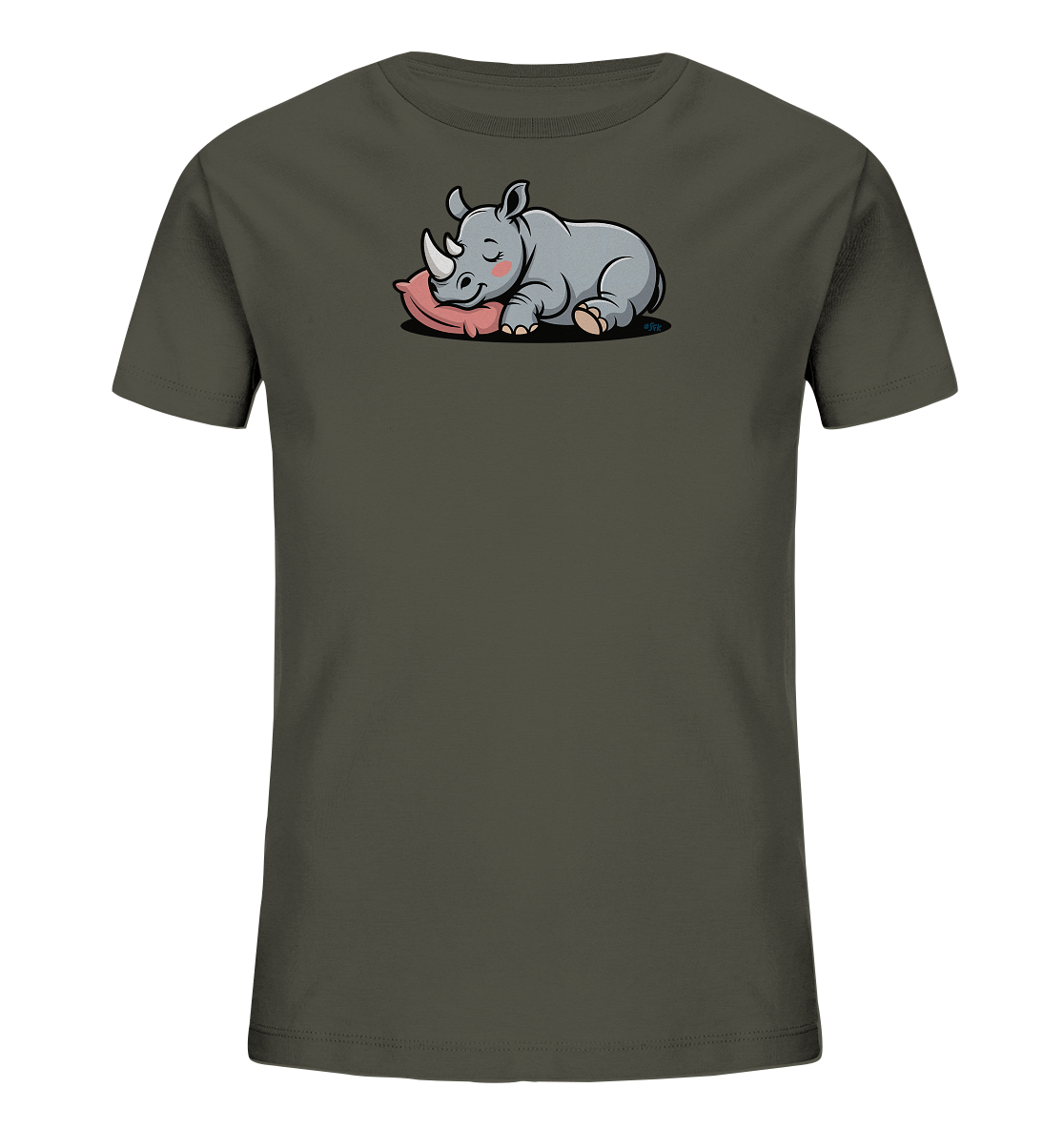 Onlineshop Shirts fuer Kinder - Das Bild zeigt ein dunkelgraues T-Shirt mit einem niedlichen, schlafenden Nashornmotiv auf der Vorderseite. Das Nashorn liegt entspannt auf einem rosafarbenen Kissen, die Augen sind geschlossen und die Wangen leicht geroetet. Das gesamte Design wirkt ruhig und freundlich.