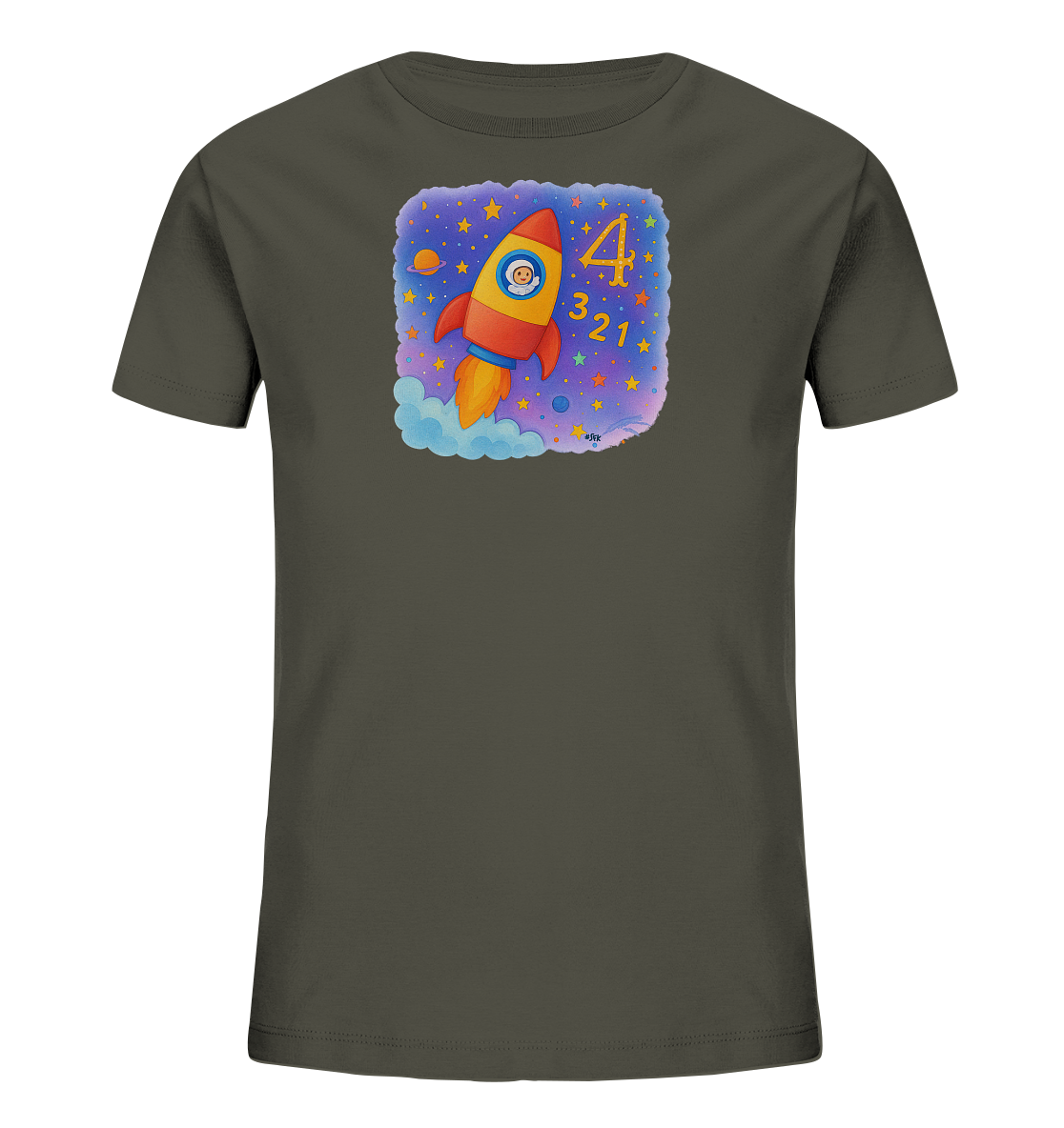 Onlineshop Shirts fuer Kinder - Dieses dunkelgraue T-Shirt zeigt ein verspieltes Raketenmotiv, das durch den Weltraum fliegt. Im Fenster der Rakete sitzt ein Astronautengesicht. Daneben sind die Zahlen 4, 3, 2, 1 wie bei einem Countdown abgebildet. Sterne und Planeten runden das farbenfrohe Design ab.