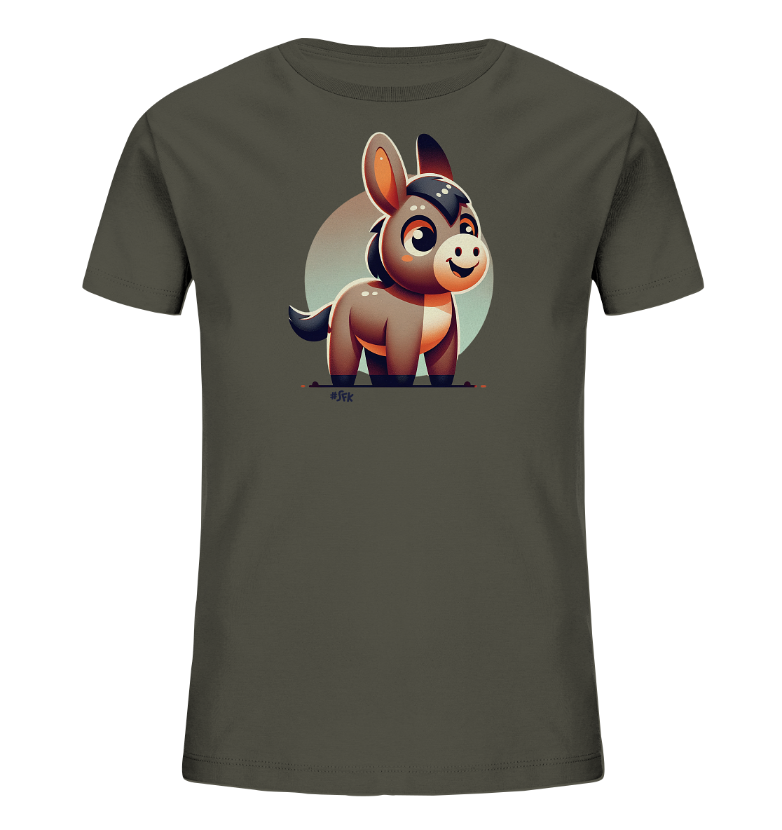 Onlineshop Shirts fuer Kinder - Das Bild zeigt ein dunkelgruenes T-Shirt mit einer Illustration eines niedlichen Esels auf der Vorderseite. Der Esel ist im Cartoon-Stil dargestellt, hat grosse Augen und ein freundliches Laecheln. Hinter dem Tier ist ein heller Kreis zu sehen, der dem Motiv eine besondere Note verleiht. Das Design wirkt verspielt und ansprechend fuer Kinderkleidung.