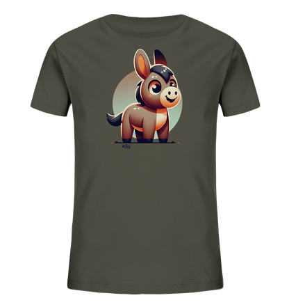 Onlineshop Shirts fuer Kinder - Das Bild zeigt ein dunkelgruenes T-Shirt mit einer Illustration eines niedlichen Esels auf der Vorderseite. Der Esel ist im Cartoon-Stil dargestellt, hat grosse Augen und ein freundliches Laecheln. Hinter dem Tier ist ein heller Kreis zu sehen, der dem Motiv eine besondere Note verleiht. Das Design wirkt verspielt und ansprechend fuer Kinderkleidung.