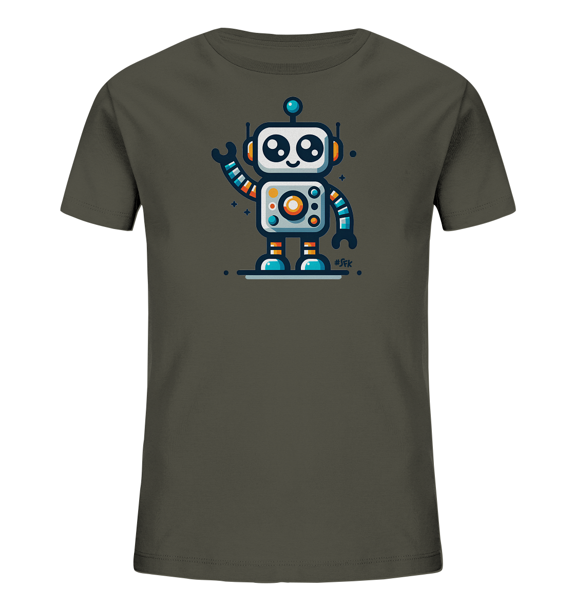 Onlineshop Shirts fuer Kinder - Dieses dunkelgraue T-Shirt praesentiert einen froehlichen Cartoon-Roboter. Der Roboter hat grosse Augen, einen freundlichen Ausdruck und winkt mit einer Hand. Er ist in Weiss mit blauen und orangefarbenen Details gestaltet. Kleine Sterne und Punkte umgeben das verspielte Motiv.