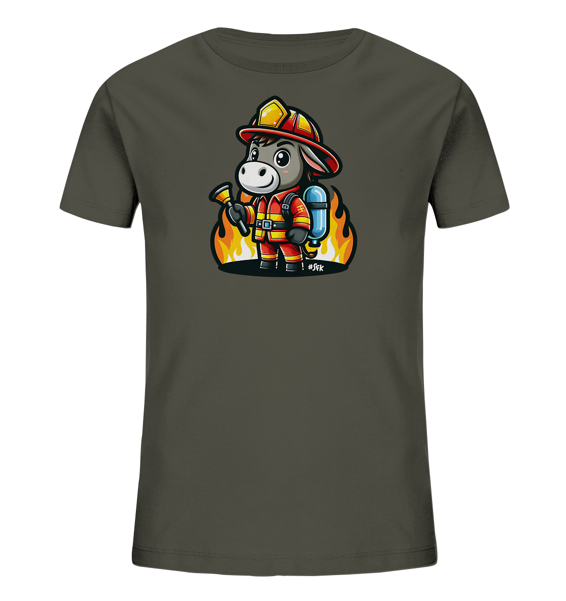 Kinder T-Shirt mit ein freundlicher Esel als Feuerwehrmann mit Helm, Anzug und Schlauch