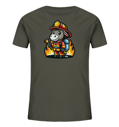 Kinder T-Shirt mit ein freundlicher Esel als Feuerwehrmann mit Helm, Anzug und Schlauch