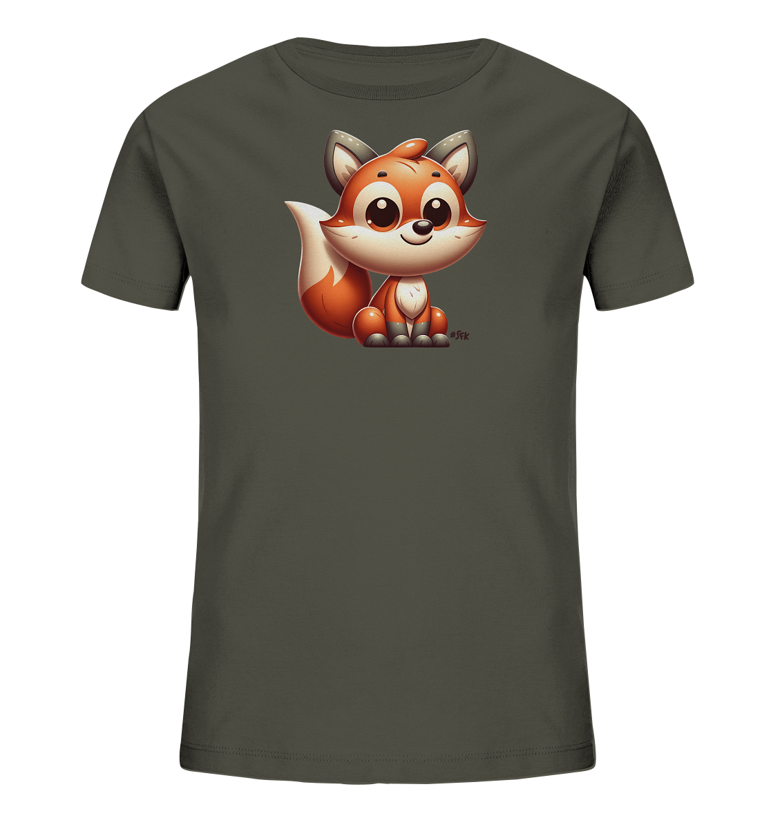 Onlineshop Shirts fuer Kinder - Das Bild zeigt ein dunkelgraues Kinder-T-Shirt mit einem grossen, niedlichen Fuchsmotiv auf der Vorderseite. Der cartoonartige Fuchs sitzt aufrecht, hat grosse Ohren und ein freundliches Laecheln. Seine Fellfarbe ist leuchtend orange und weiss. Das Design ist verspielt und ansprechend fuer Kinder.