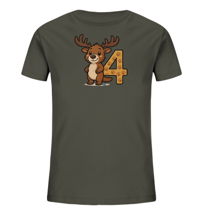 Onlineshop Shirts fuer Kinder - Das Bild zeigt ein dunkelgraues Kinder-T-Shirt mit einem niedlichen Cartoon-Rentier auf der Vorderseite. Das Rentier steht laechelnd neben der grossen Zahl '4'. Die Zahl '4' ist mit einem Muster aus kleinen Pfotenabdruecken gefuellt, was dem Design eine verspielte Note verleiht. Dieses Motiv ist ideal fuer kleine Tierfreunde.