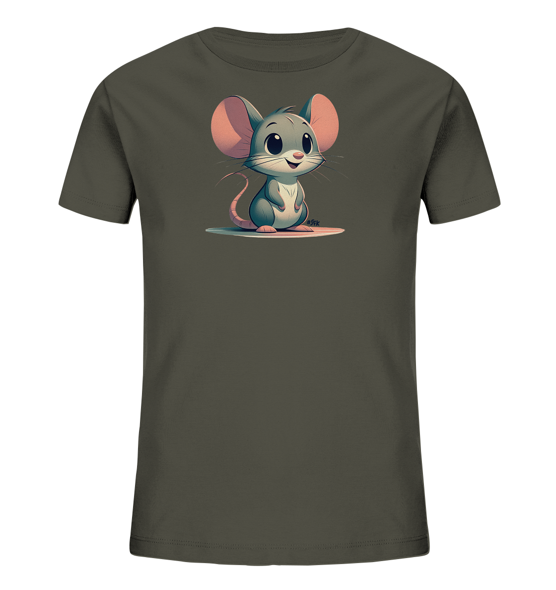 Onlineshop Shirts fuer Kinder - Das Bild zeigt ein dunkelgraues Kinder-T-Shirt mit einer niedlichen Cartoon-Maus auf der Vorderseite. Die Maus hat grosse rosafarbene Ohren und sitzt da und laechelt freundlich. Sie ist auf einer hellen, ovalen Form platziert. Dieses verspielte Design ist ideal fuer Kinder.