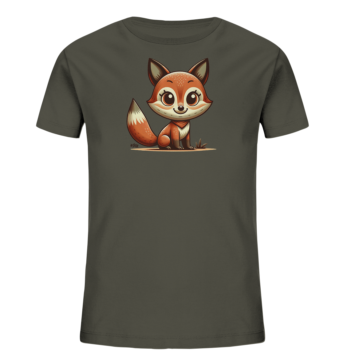 Onlineshop Shirts fuer Kinder - Das Bild zeigt ein dunkelgraues Kinder T-Shirt. Auf der Vorderseite ist eine Illustration eines niedlichen, cartoonhaften Fuchses abgebildet. Der Fuchs sitzt und hat grosse Augen und einen buschigen Schwanz. Das Design ist in warmen Erd- und Orangetoenen gehalten.