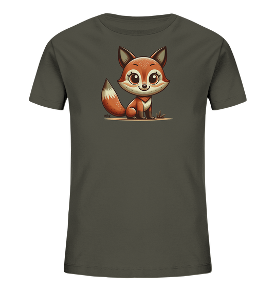 Onlineshop Shirts fuer Kinder - Das Bild zeigt ein dunkelgraues Kinder T-Shirt. Auf der Vorderseite ist eine Illustration eines niedlichen, cartoonhaften Fuchses abgebildet. Der Fuchs sitzt und hat grosse Augen und einen buschigen Schwanz. Das Design ist in warmen Erd- und Orangetoenen gehalten.