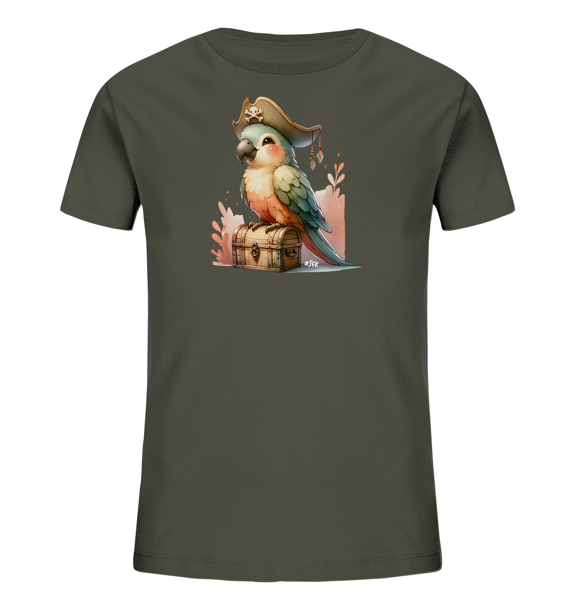 Onlineshop Shirts fuer Kinder - Auf diesem dunkelgrauen T-Shirt ist ein charmantes Piratenmotiv zu sehen. Ein bunter Papagei mit Piratenhut sitzt auf einer hoelzernen Schatzkiste. Um die Szene herum sind dezente Pflanzen und Glitzerdetails angeordnet. Das Design vermittelt eine abenteuerliche Piratenatmosphaere.