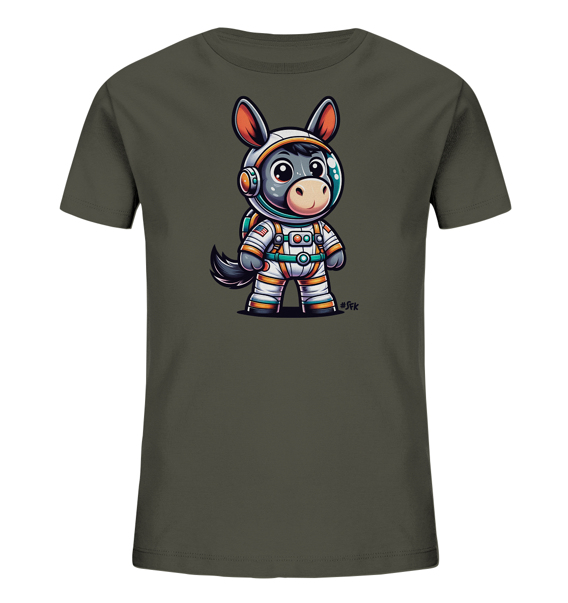 Onlineshop Shirts fuer Kinder - Das Bild zeigt ein dunkelgruenes Kinder-T-Shirt mit einem niedlichen Astronauten-Eselmotiv. Der Esel traegt einen weissen Raumanzug mit orangefarbenen Details und einen Helm. Er hat grosse Augen und einen freundlichen Blick, bereit fuer ein Weltraumabenteuer. Dieses verspielte Design ist ein Blickfang auf dem Shirt.