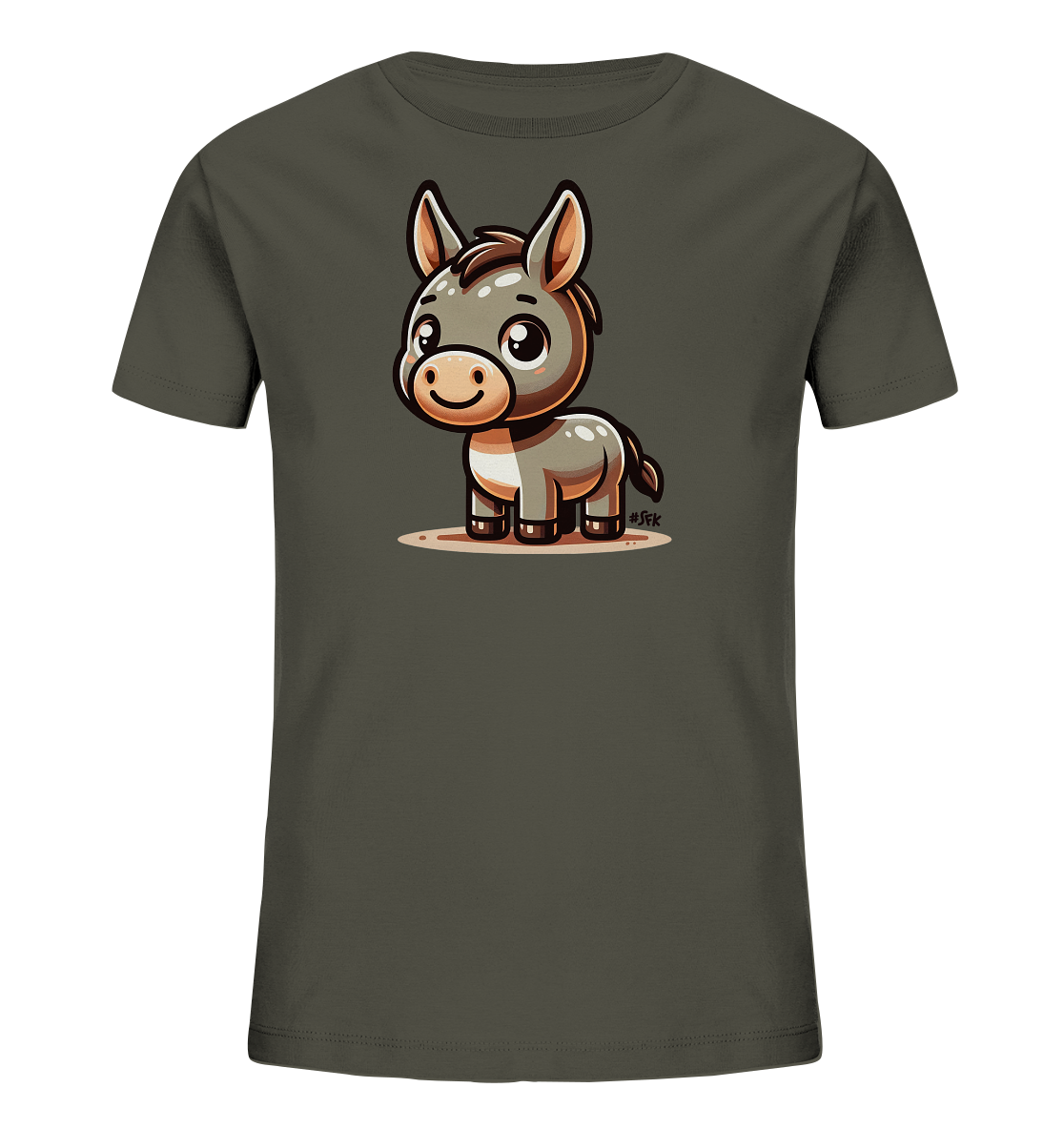 Onlineshop Shirts fuer Kinder - Das Bild zeigt ein dunkelgraues Kinder-T-Shirt mit einer niedlichen Cartoon-Illustration eines Esels auf der Vorderseite. Der Esel hat grosse Augen und ein freundliches Laecheln und steht auf einem kleinen Fleckchen Boden. Das Motiv ist in einem charmanten Stil gezeichnet, der Kinder ansprechen duerfte. Die Darstellung des Esels ist zentral auf dem Shirt platziert.