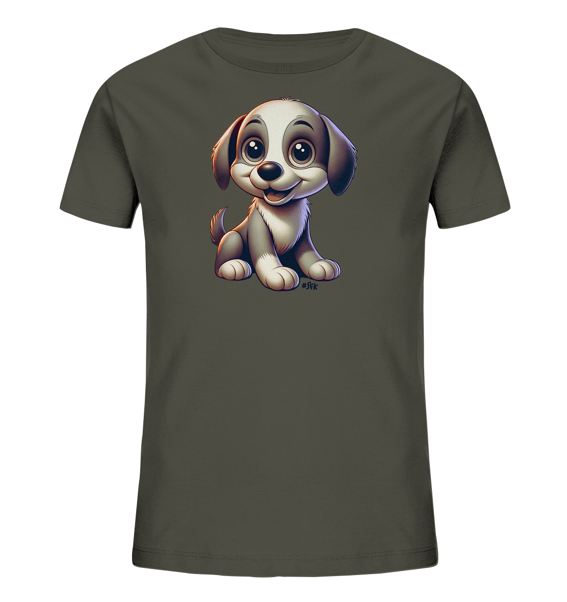 Onlineshop Shirts fuer Kinder - Das Bild zeigt ein dunkelgraues T-Shirt fuer Kinder mit einem niedlichen Druck auf der Vorderseite. Zu sehen ist eine charmante Illustration eines jungen Hundes. Der Welpe sitzt aufrecht, hat grosse Augen und ein freundliches, laechelndes Gesicht. Die Darstellung des Tieres ist im Cartoon-Stil gehalten und wirkt sehr ansprechend.