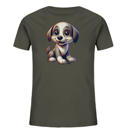 Onlineshop Shirts fuer Kinder - Das Bild zeigt ein dunkelgraues T-Shirt fuer Kinder mit einem niedlichen Druck auf der Vorderseite. Zu sehen ist eine charmante Illustration eines jungen Hundes. Der Welpe sitzt aufrecht, hat grosse Augen und ein freundliches, laechelndes Gesicht. Die Darstellung des Tieres ist im Cartoon-Stil gehalten und wirkt sehr ansprechend.