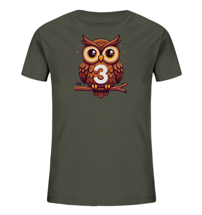 Kinder T-Shirt mit Cartoon-Eule auf Ast, großen Augen und Zahl 3