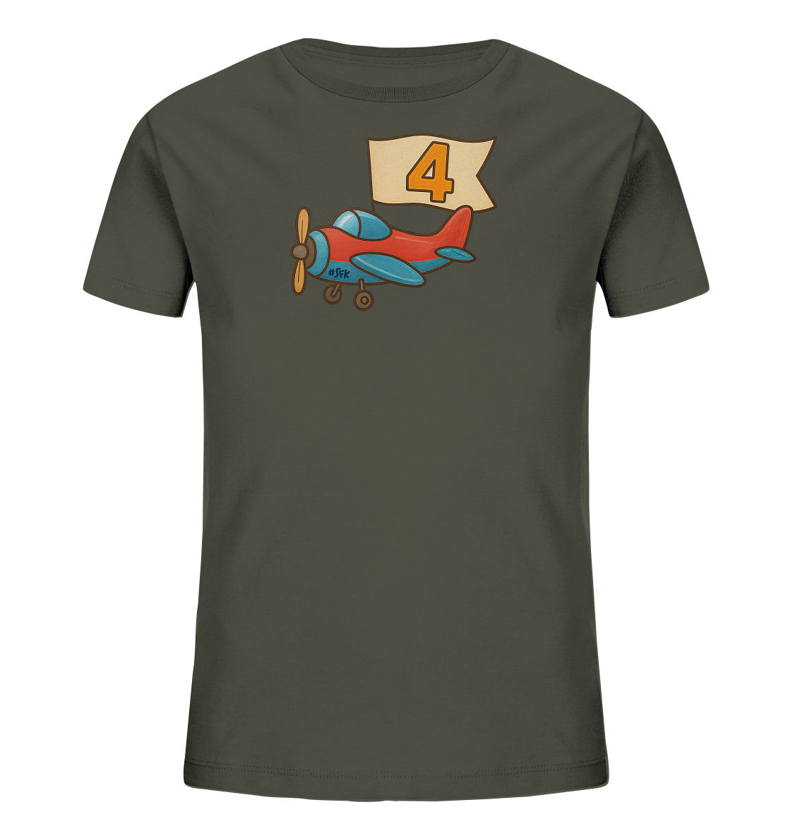 Onlineshop Shirts fuer Kinder - Das Bild zeigt ein dunkelgraues T-Shirt mit einer Grafik eines roten und blauen Flugzeugs. Das Flugzeug zieht ein helles Banner hinter sich her, auf dem die Zahl '4' in Orange abgebildet ist. Das Design ist im Comic-Stil gehalten. Dieses Motiv verleiht dem Shirt einen froehlichen und verspielten Look.
