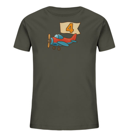 Kinder T-Shirt mit rotem und blauem Flugzeug, Banner und Zahl 4