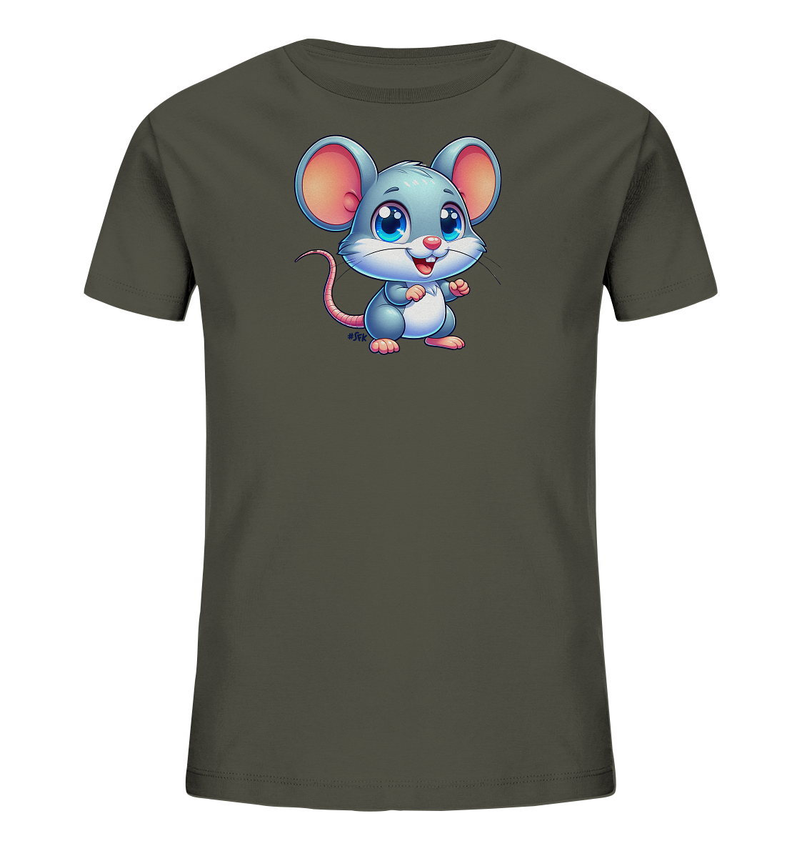 Onlineshop Shirts fuer Kinder - Das Bild zeigt ein dunkelgraues Kinder-T-Shirt mit einem suessen, cartoonhaften Maeusemotiv auf der Vorderseite. Die Maus hat grosse, blaue Augen und ein freundliches Laecheln. Sie sitzt aufrecht und hat rosa Ohren und Pfoten. Das Design ist zentral auf dem Shirt platziert.
