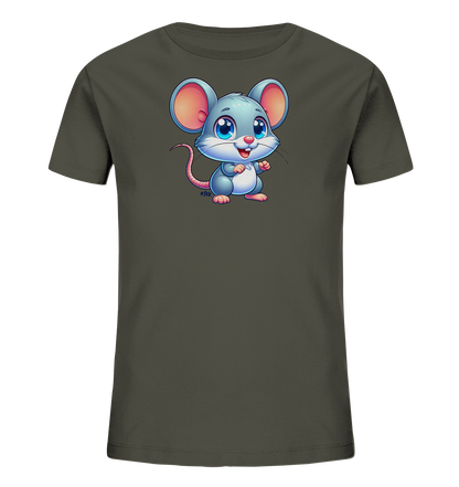 Onlineshop Shirts fuer Kinder - Das Bild zeigt ein dunkelgraues Kinder-T-Shirt mit einem suessen, cartoonhaften Maeusemotiv auf der Vorderseite. Die Maus hat grosse, blaue Augen und ein freundliches Laecheln. Sie sitzt aufrecht und hat rosa Ohren und Pfoten. Das Design ist zentral auf dem Shirt platziert.