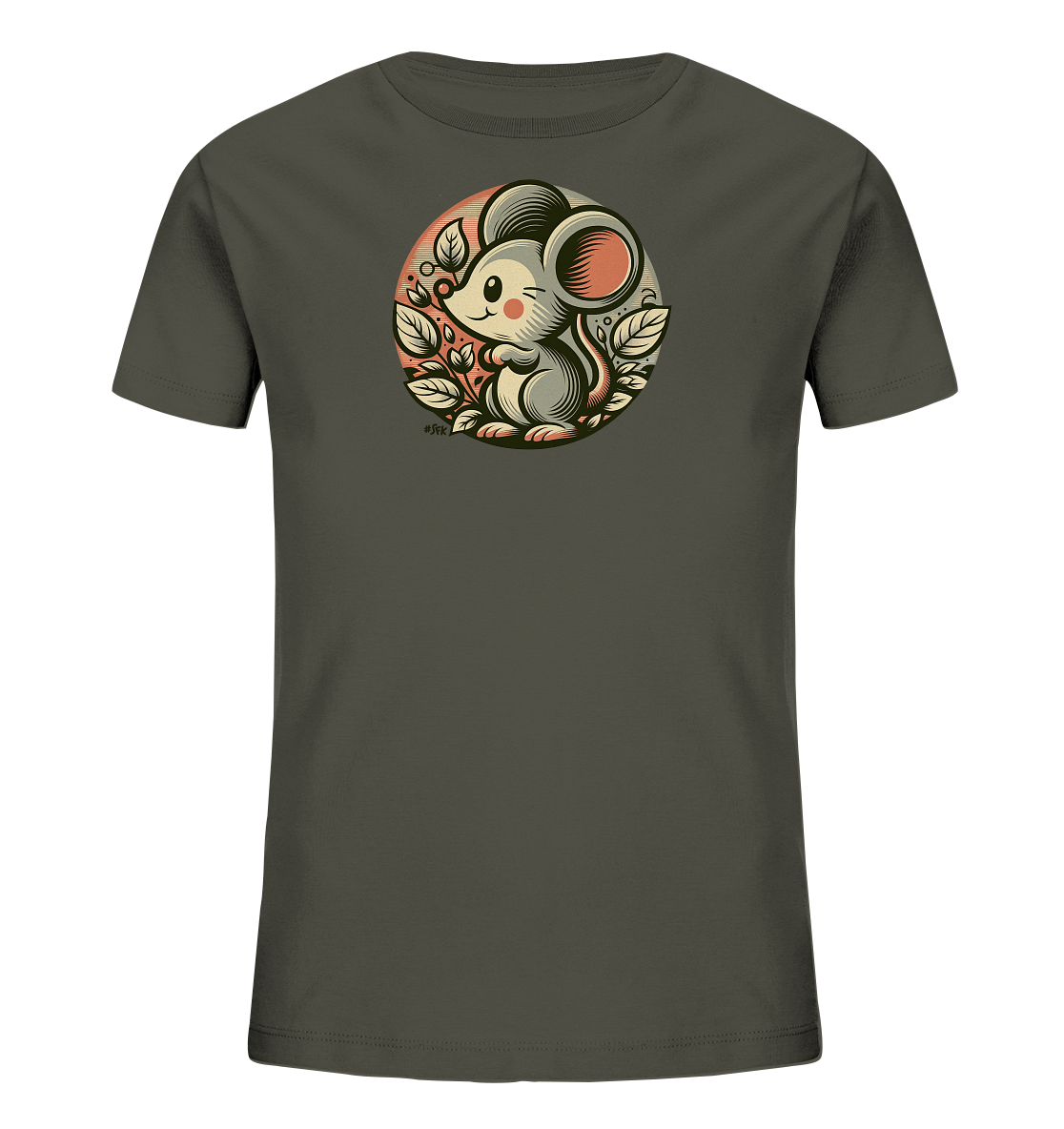 Onlineshop Shirts fuer Kinder - Das Bild zeigt ein dunkelgraues Kinder-T-Shirt mit einem runden Druck in der Mitte. Der Druck zeigt eine niedliche Maus, die von Blaettern umgeben ist, in einem Kreis mit Farbverlauf. Die Maus hat grosse Ohren und blinzelt. Dieses Design verleiht dem Shirt einen natuerlichen und verspielten Look.