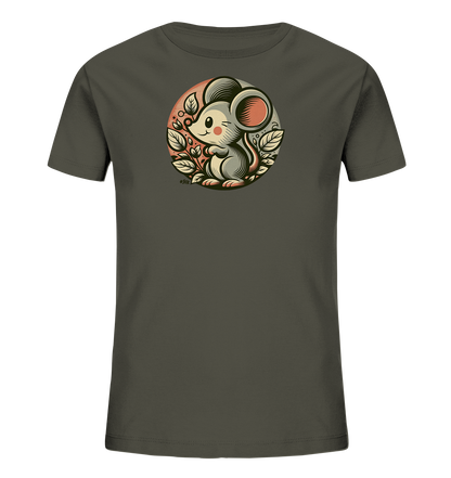 Onlineshop Shirts fuer Kinder - Das Bild zeigt ein dunkelgraues Kinder-T-Shirt mit einem runden Druck in der Mitte. Der Druck zeigt eine niedliche Maus, die von Blaettern umgeben ist, in einem Kreis mit Farbverlauf. Die Maus hat grosse Ohren und blinzelt. Dieses Design verleiht dem Shirt einen natuerlichen und verspielten Look.