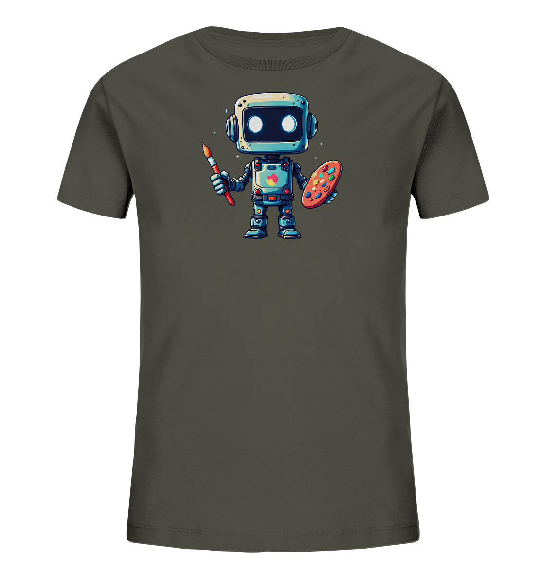 Onlineshop Shirts für Kinder - Das Bild zeigt ein T-Shirt in einem dunklen Olivgrün. Auf der Vorderseite ist eine bunte Grafik eines Roboters abgebildet. Der Roboter hält in einer Hand einen Pinsel und in der anderen eine Palette mit verschiedenen Farben. Das Design zeigt ein Thema rund um Kunst und Kreativität und wirkt freundlich.