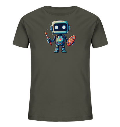 Onlineshop Shirts für Kinder - Das Bild zeigt ein T-Shirt in einem dunklen Olivgrün. Auf der Vorderseite ist eine bunte Grafik eines Roboters abgebildet. Der Roboter hält in einer Hand einen Pinsel und in der anderen eine Palette mit verschiedenen Farben. Das Design zeigt ein Thema rund um Kunst und Kreativität und wirkt freundlich.