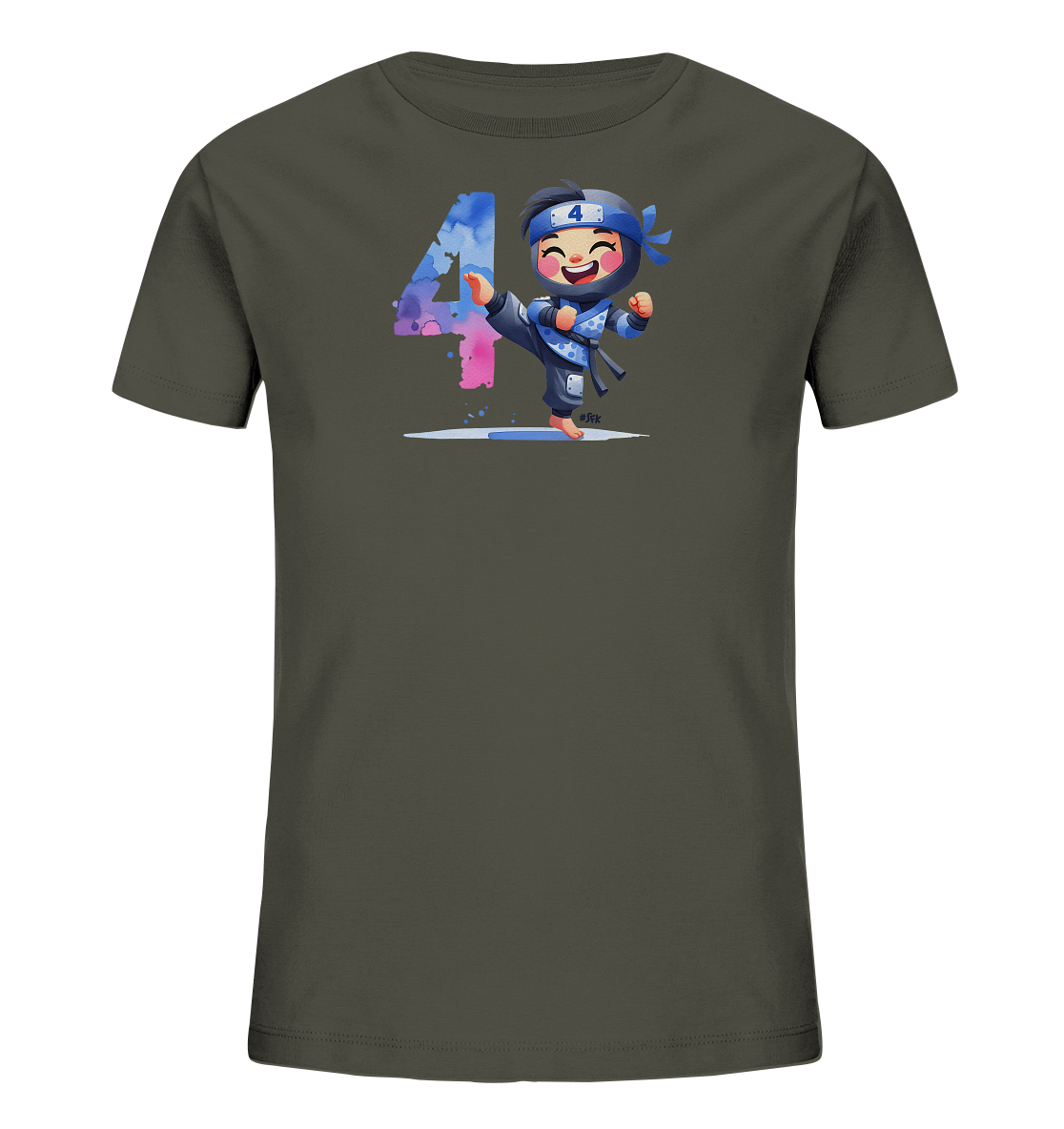 Onlineshop Shirts fuer Kinder - Das Bild zeigt ein dunkelgraues T-Shirt fuer Kinder. Auf der Vorderseite ist eine grosse Zahl '4' in Aquarell-Optik mit Blau- und Rosatoenen abgebildet. Daneben befindet sich die Illustration eines froehlichen Kindes in einem blauen Ninja-Outfit, das einen Tritt ausfuehrt. Das Design wirkt dynamisch und verspielt.